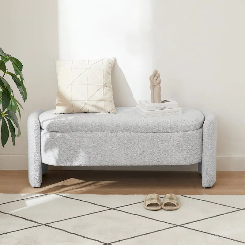 3D Lamb Fleece Fabric Storage Bench with Arc-shaped Sides