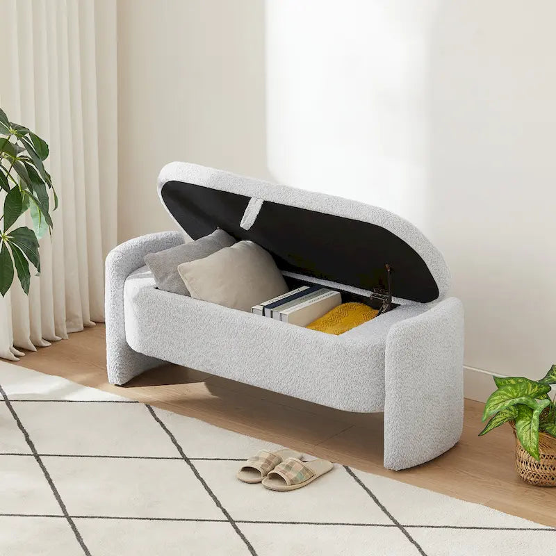 3D Lamb Fleece Fabric Storage Bench with Arc-shaped Sides