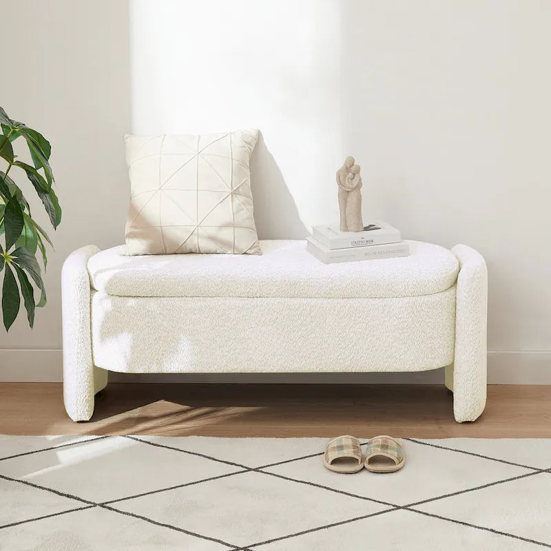 3D Lamb Fleece Fabric Storage Bench with Arc-shaped Sides