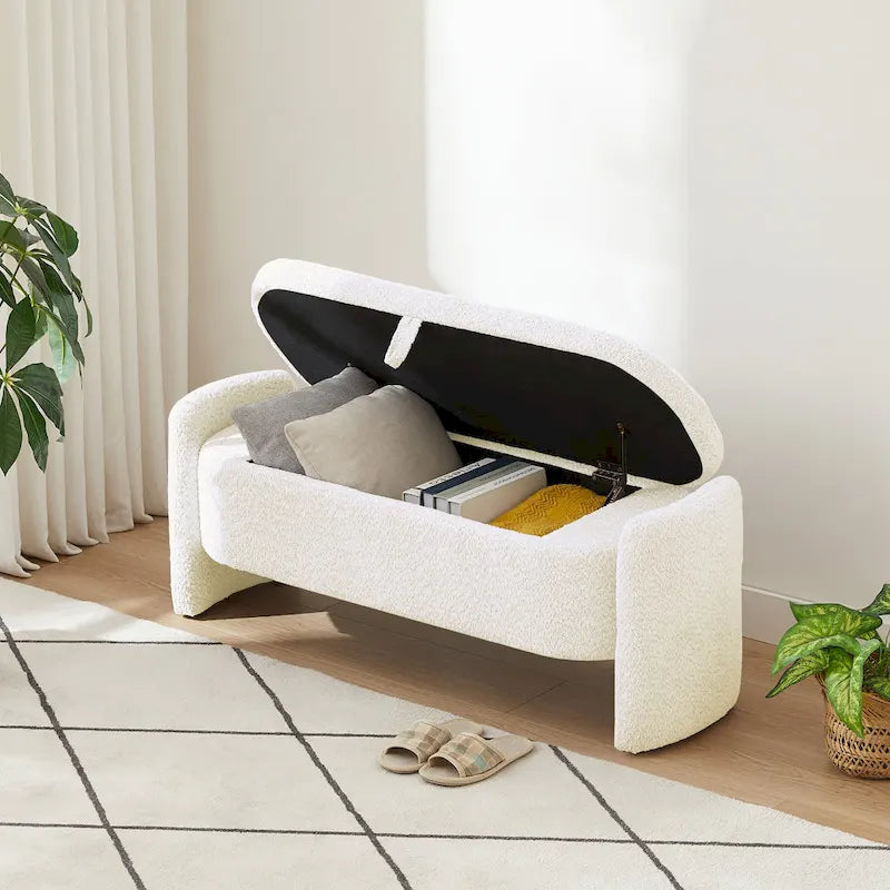 3D Lamb Fleece Fabric Storage Bench with Arc-shaped Sides