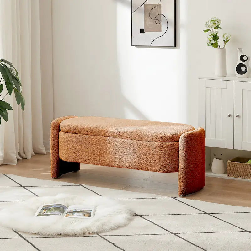 3D Lamb Fleece Fabric Storage Bench with Arc-shaped Sides