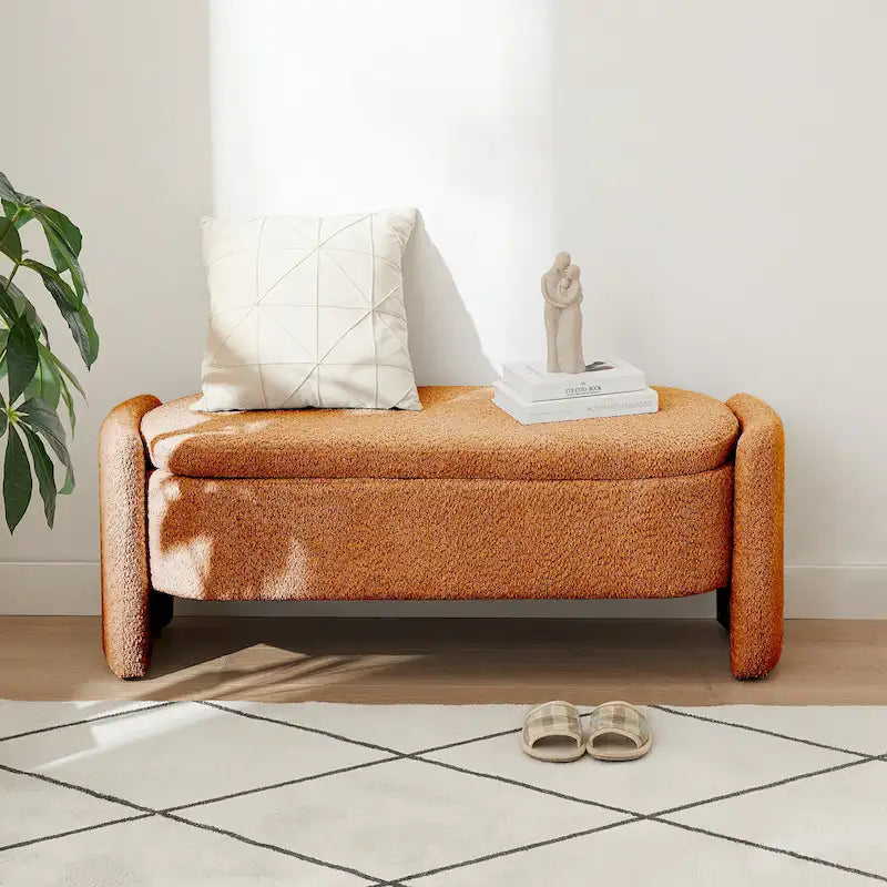 3D Lamb Fleece Fabric Storage Bench with Arc-shaped Sides