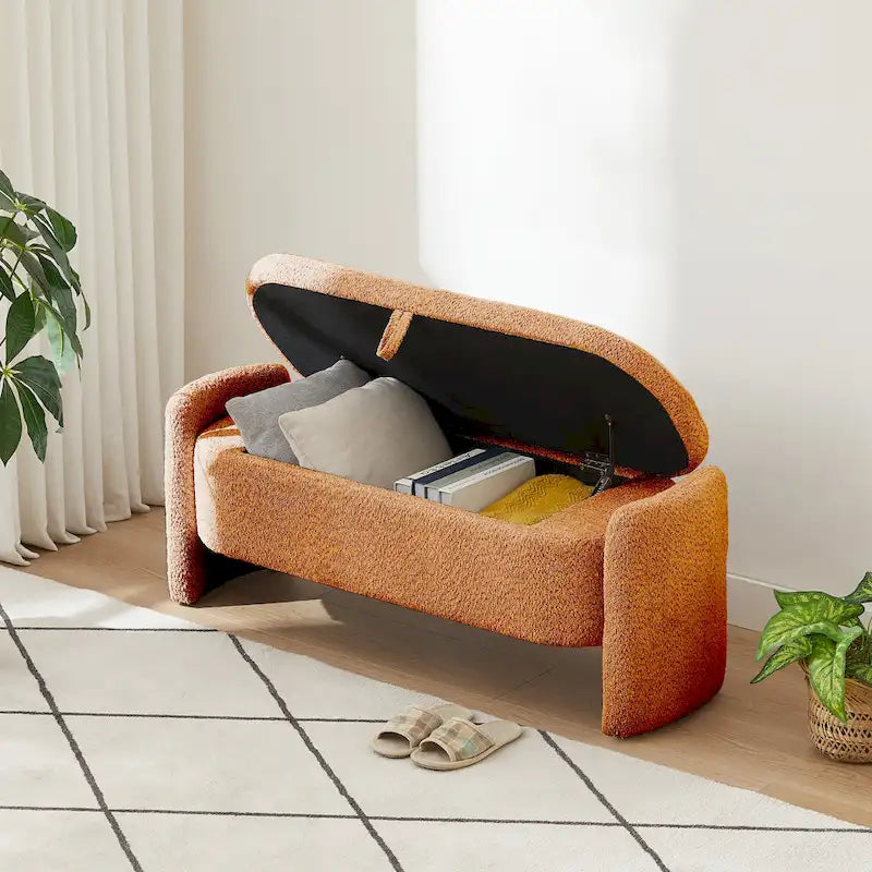 3D Lamb Fleece Fabric Storage Bench with Arc-shaped Sides
