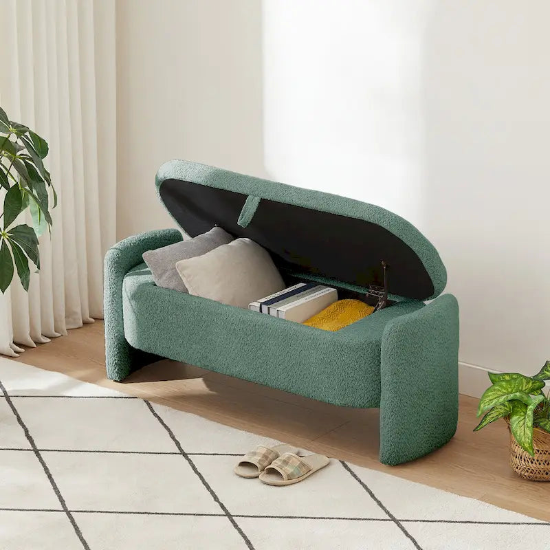 3D Lamb Fleece Fabric Storage Bench with Arc-shaped Sides