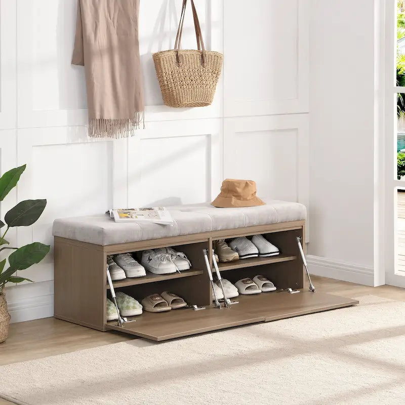 Upholstered Shoe Storage Bench with Two Drop-Down Doors