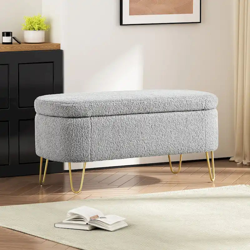 Oval Storage Bench for Living Room Bedroom End of Bed, Upholstered Storage Ottoman Entryway Bench With Metal Legs