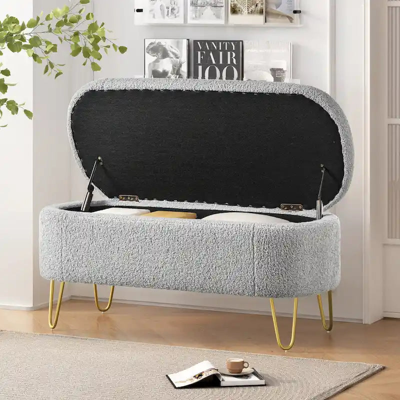 Oval Storage Bench for Living Room Bedroom End of Bed, Upholstered Storage Ottoman Entryway Bench With Metal Legs