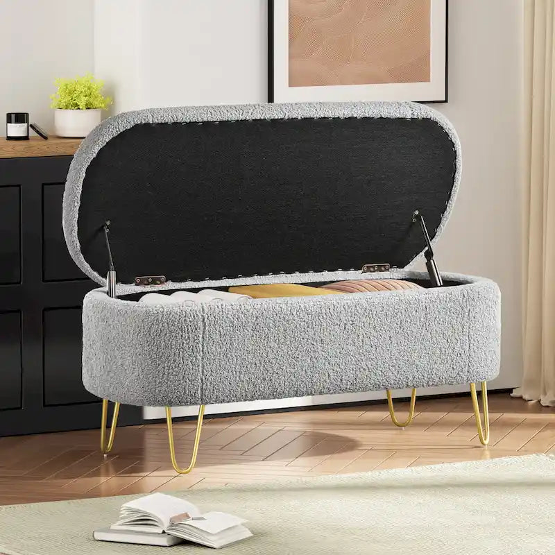 Oval Storage Bench for Living Room Bedroom End of Bed, Upholstered Storage Ottoman Entryway Bench With Metal Legs
