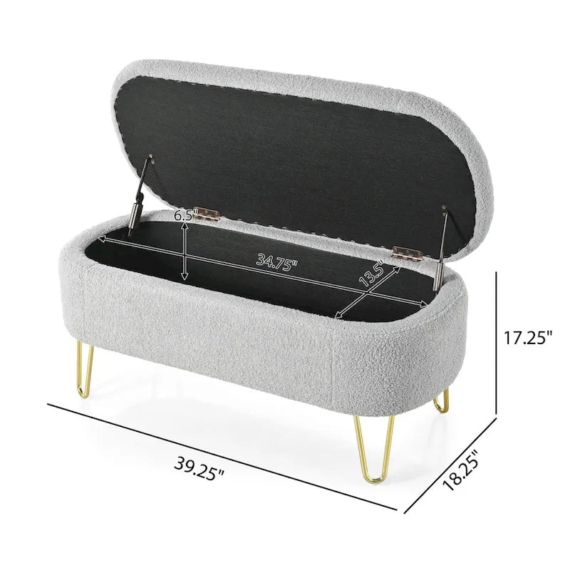 Oval Storage Bench for Living Room Bedroom End of Bed, Upholstered Storage Ottoman Entryway Bench With Metal Legs