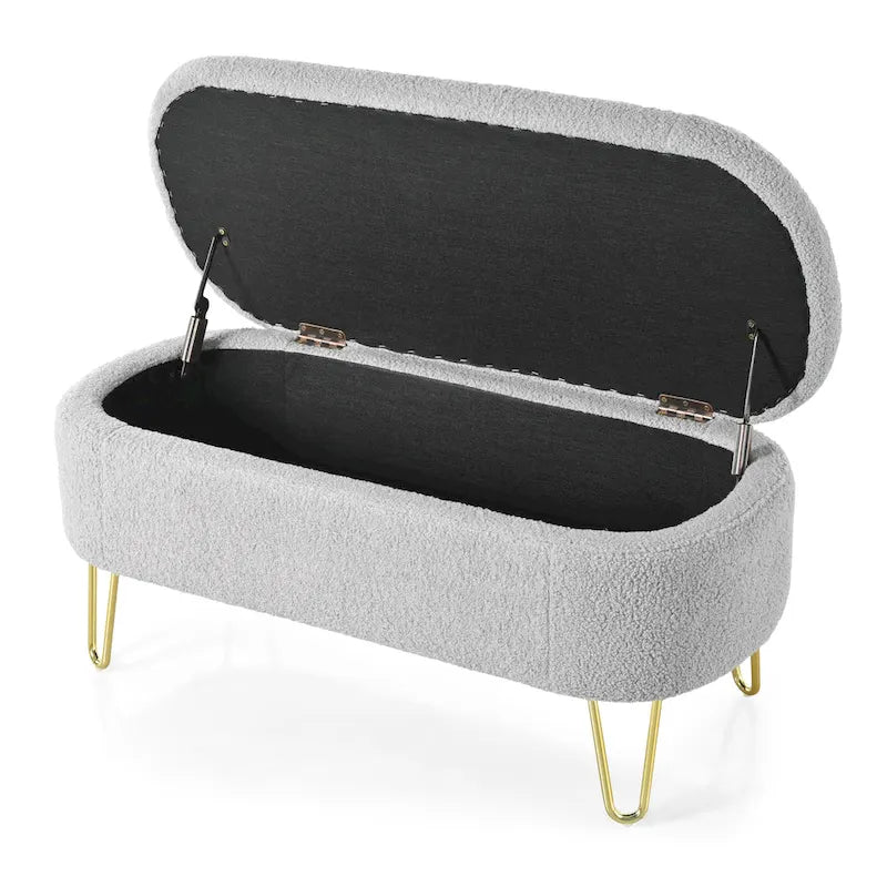 Oval Storage Bench for Living Room Bedroom End of Bed, Upholstered Storage Ottoman Entryway Bench With Metal Legs