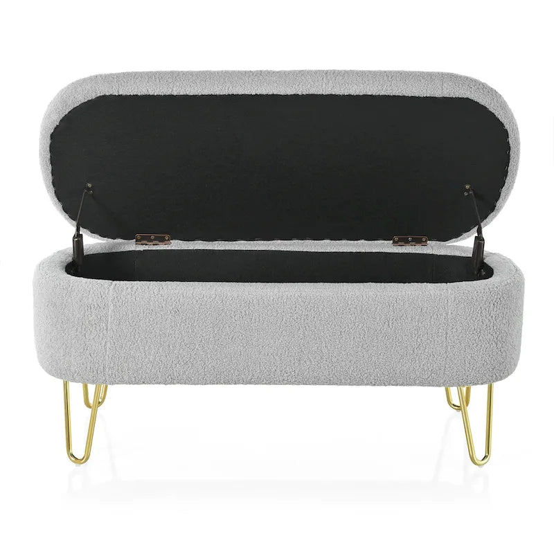 Oval Storage Bench for Living Room Bedroom End of Bed, Upholstered Storage Ottoman Entryway Bench With Metal Legs