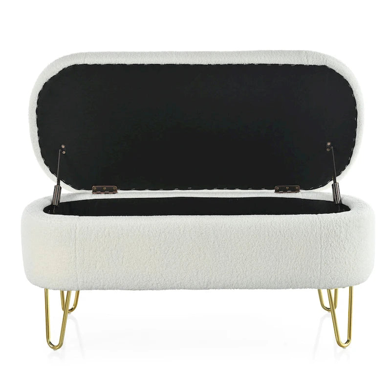 Oval Storage Bench for Living Room Bedroom End of Bed, Upholstered Storage Ottoman Entryway Bench With Metal Legs