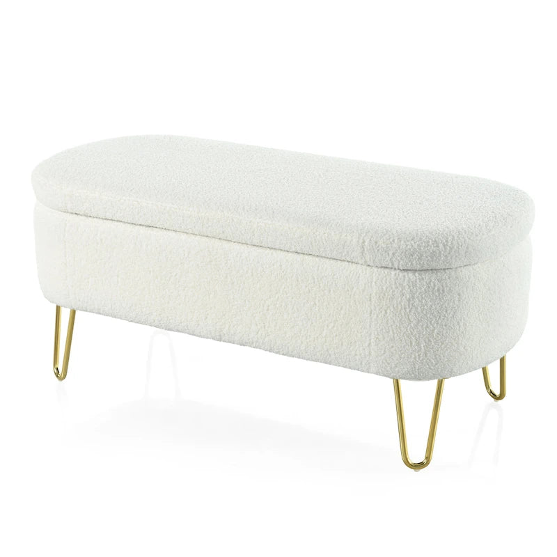Oval Storage Bench for Living Room Bedroom End of Bed, Upholstered Storage Ottoman Entryway Bench With Metal Legs