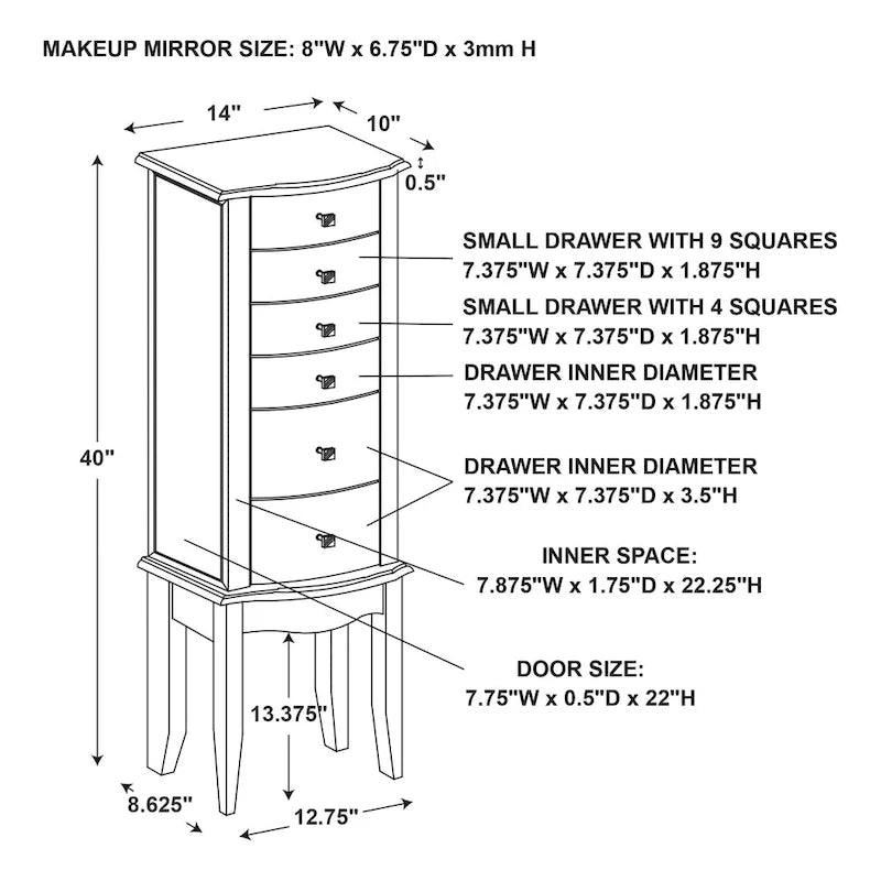 Jewelry Armoire with 6 Drawers - 40 - Walnut Finish