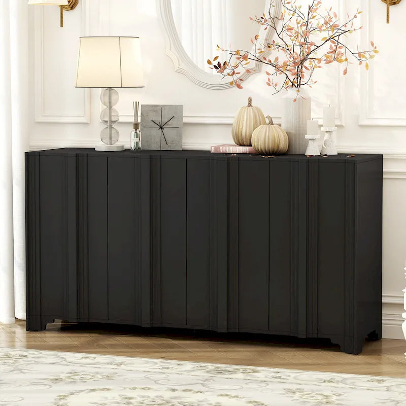Sophisticated 4-Door Sideboard Adorned with Intricate Linear Accents and Luxurious Multi-Layered Pine Veneer Design Elements