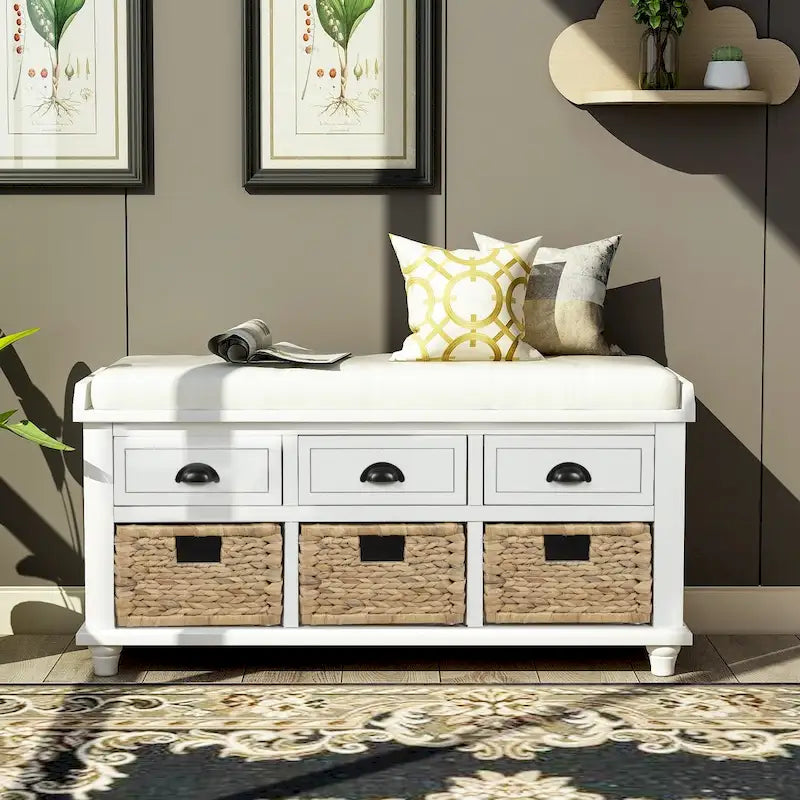 Rustic Storage Bench with 3 Drawers and Wicker Baskets
