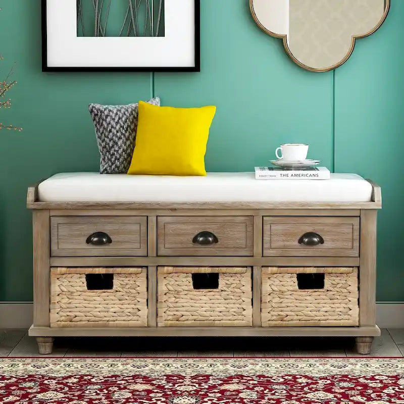 Rustic Storage Bench with 3 Drawers and Wicker Baskets