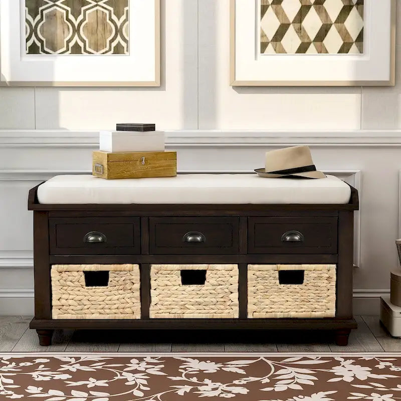 Rustic Storage Bench with 3 Drawers and Wicker Baskets