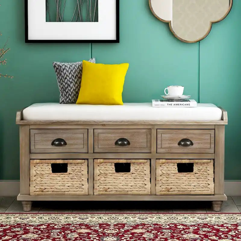 Rustic Storage Bench with 3 Drawers and 3 Rattan Baskets