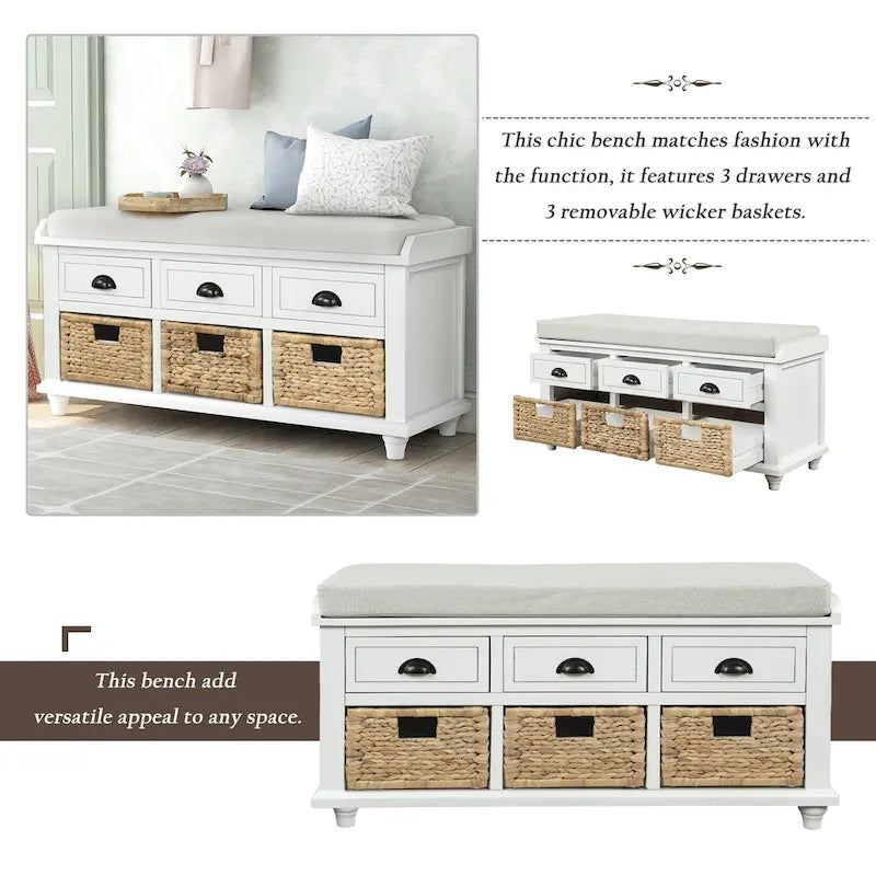 Rustic Storage Bench with 3 Drawers and 3 Rattan Baskets
