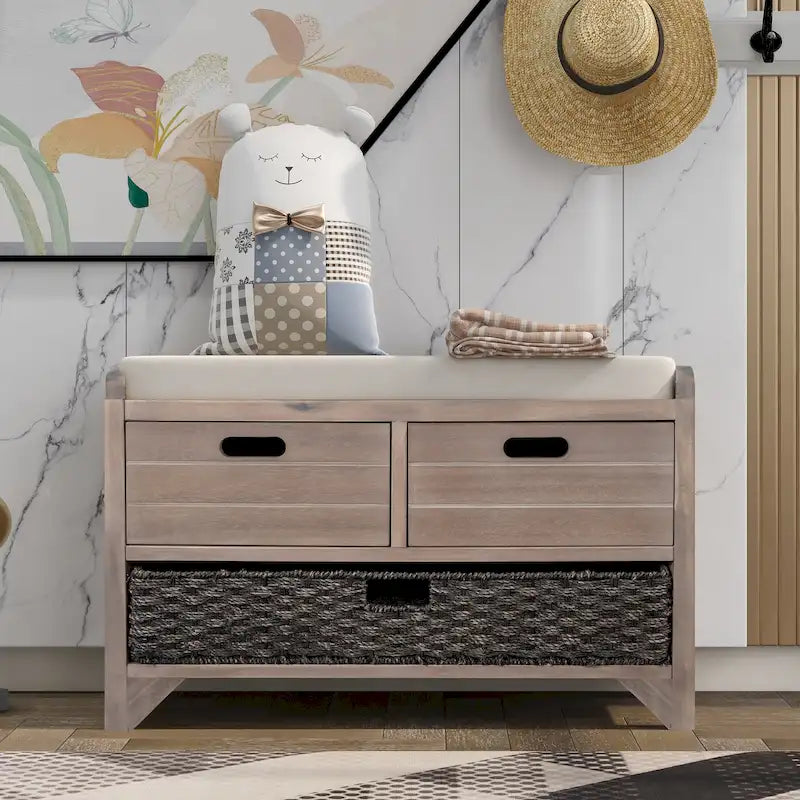 Rustic Storage Bench with 2 Drawers and Removable Basket