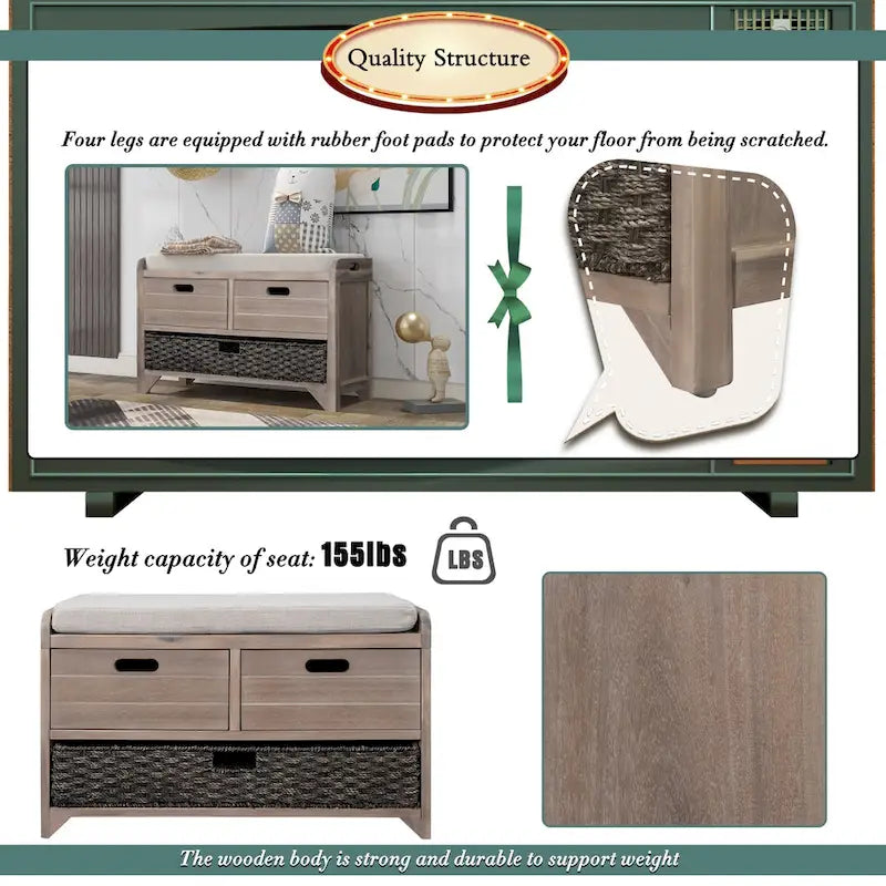 Storage Bench with Removable Basket and 2 Drawers