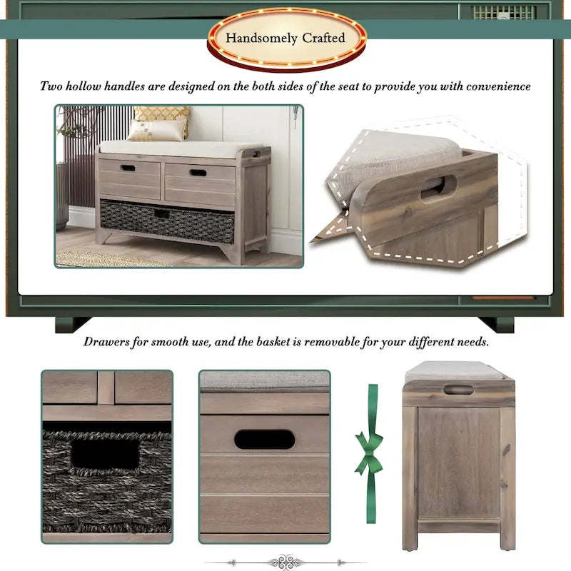 Storage Bench with Removable Basket and 2 Drawers