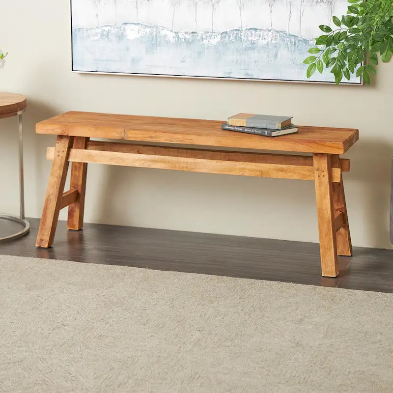 Reclaimed Wood Handmade Distressed Bench with High Trestle Legs - Brown - Roche River Decor - 14Wx47Lx19H