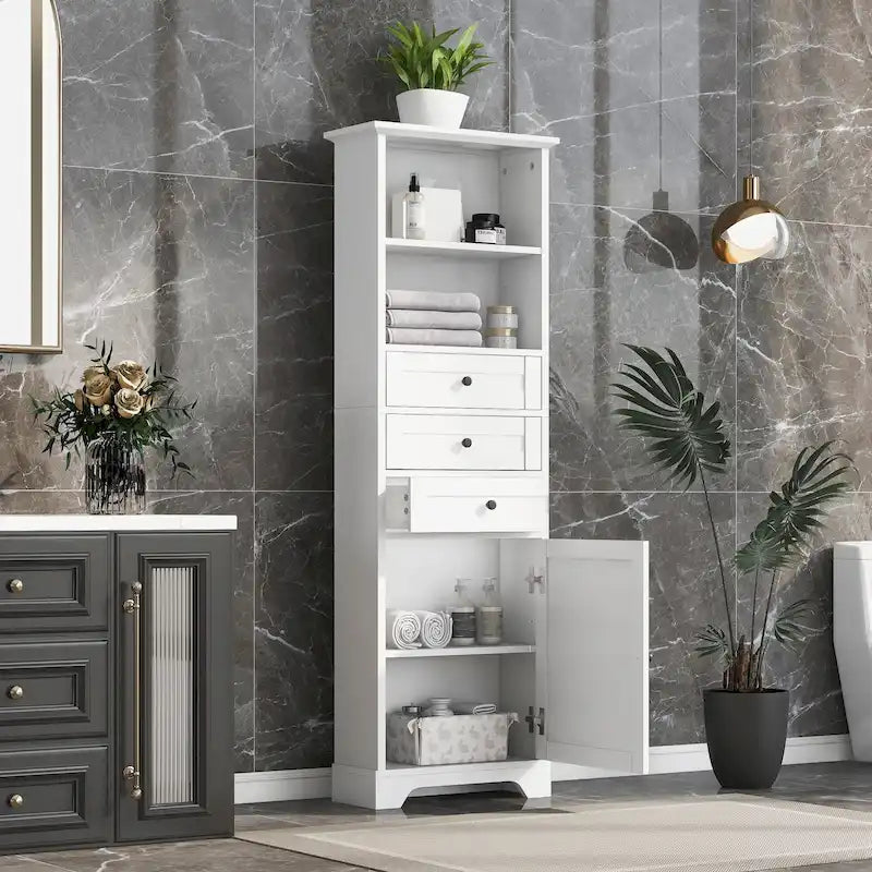 Tall Storage Cabinet with 3 Drawers and Adjustable Shelf
