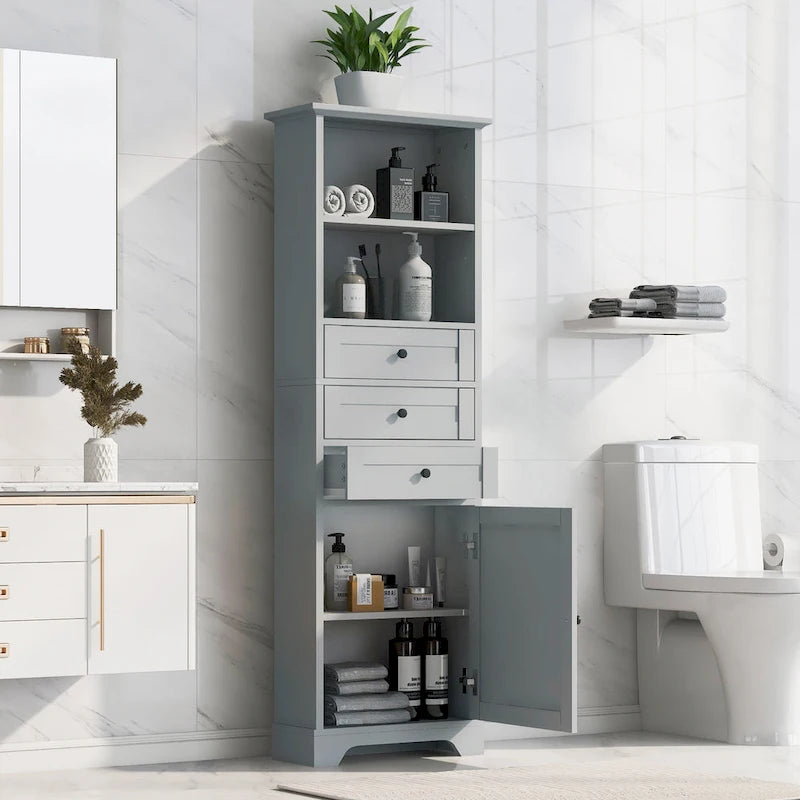 Tall Storage Cabinet with 3 Drawers and Shelves