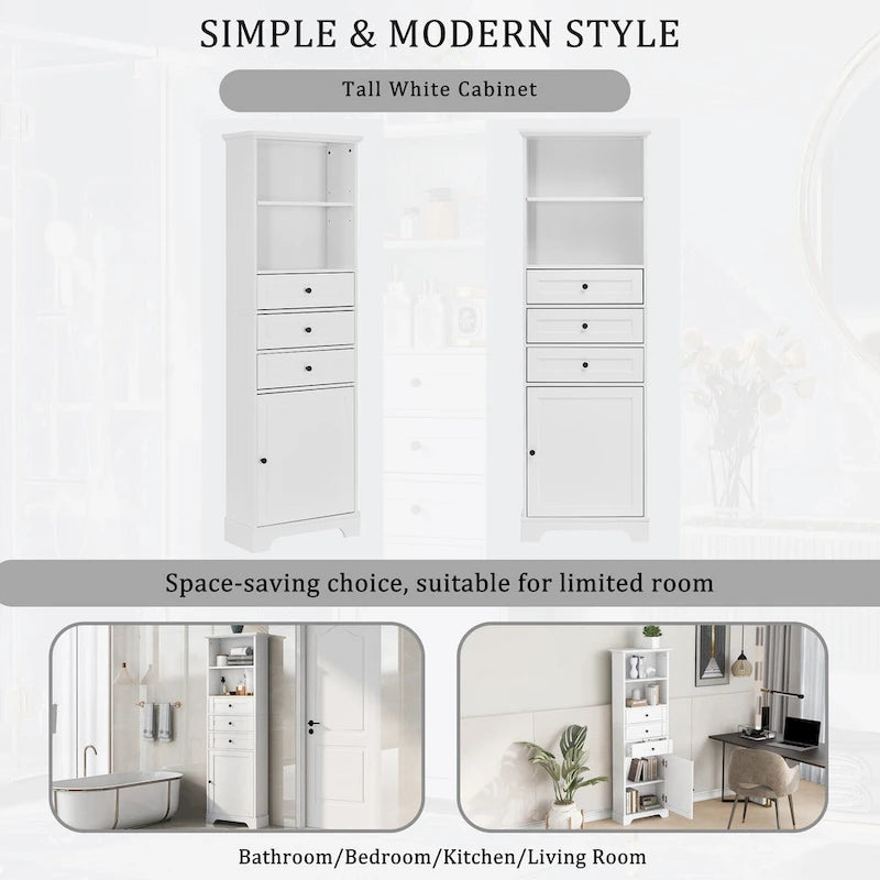 Tall Storage Cabinet with 3 Drawers and Shelves