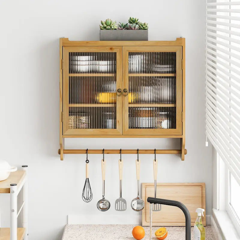 Vintage Glass-Door Wall Cabinet with Three-Tier Storage