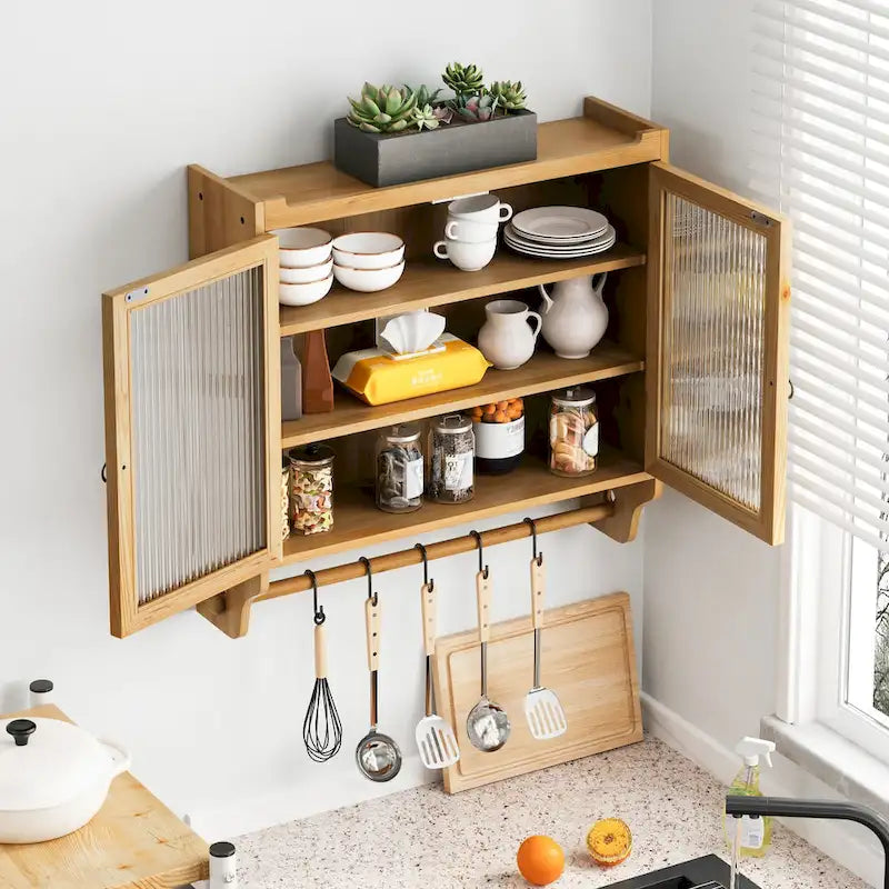 Vintage Glass-Door Wall Cabinet with Three-Tier Storage