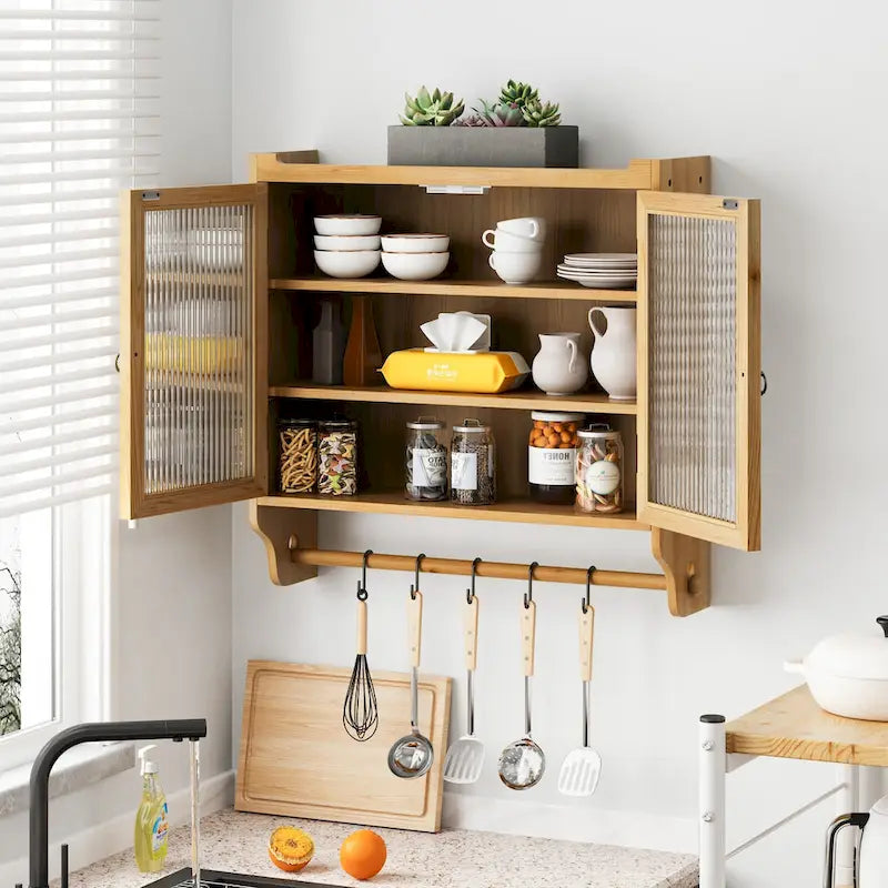 Vintage Glass-Door Wall Cabinet with Three-Tier Storage