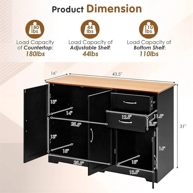 Kitchen Sideboard with Storage Cabinets & Drawers - 16D x 43.5W x 31H