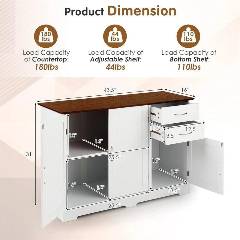Kitchen Sideboard with Storage Cabinets & Drawers - 16D x 43.5W x 31H