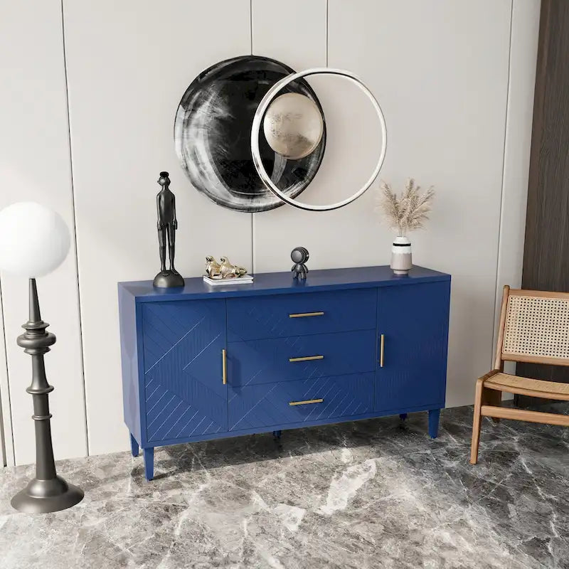 Stylish and Functional 2-Door 3-Drawer Cabinet with Carved Effect, for Bedroom,Living Room,Office,Easy Assembly, Navy Blue