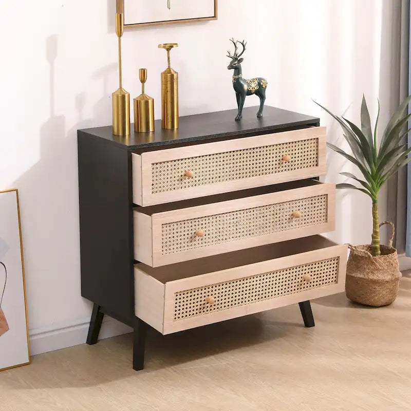 31.5 3-Drawers Rattan Storage Cabinet Rattan Drawer,for Bedroom,Living Room
