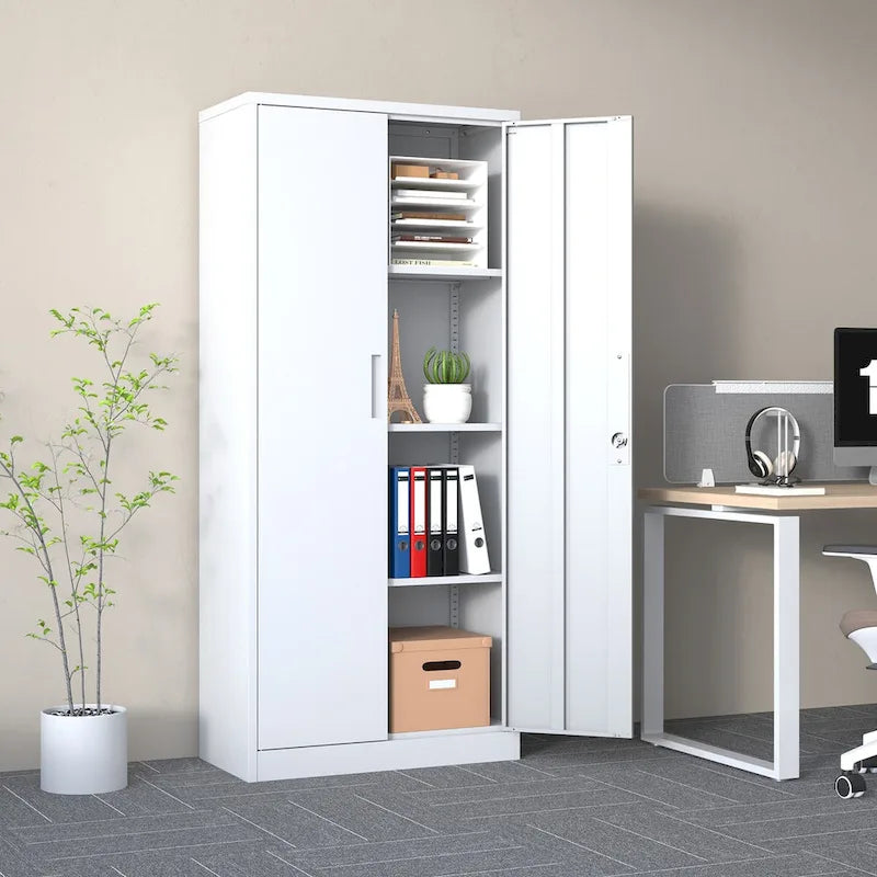 71H Metal Garage Storage Cabinet,White Tool Steel Locking Cabinet with Doors and 3 Adjustable Shelves