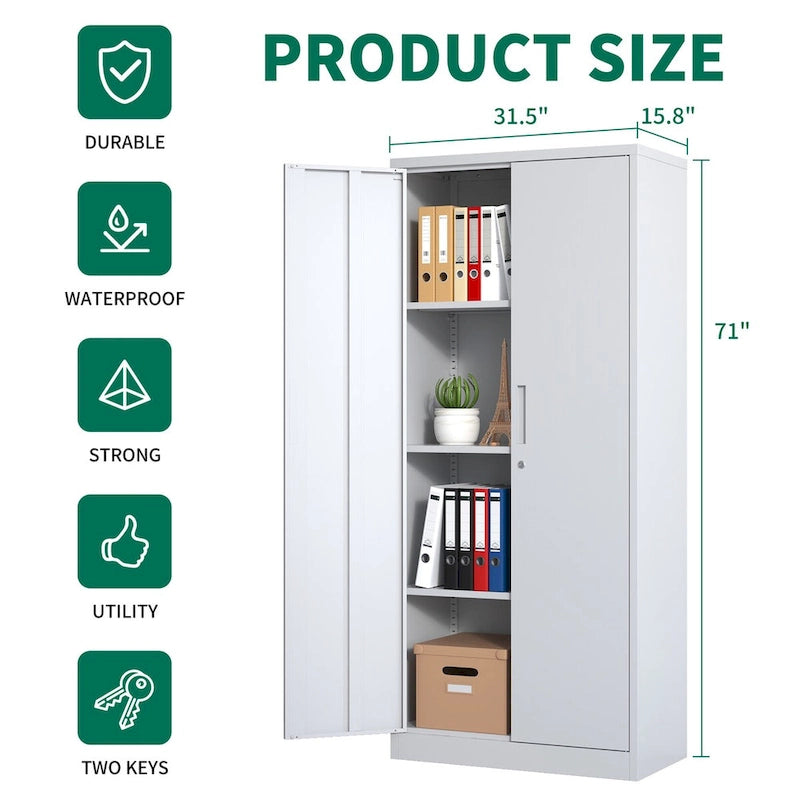 71H Metal Garage Storage Cabinet,White Tool Steel Locking Cabinet with Doors and 3 Adjustable Shelves