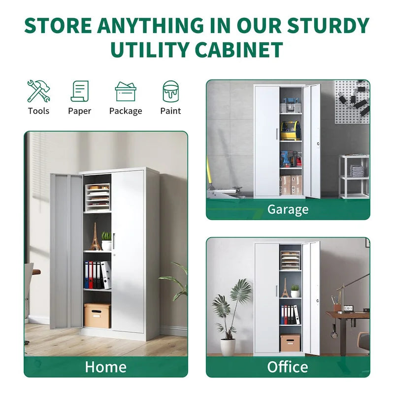 71H Metal Garage Storage Cabinet,White Tool Steel Locking Cabinet with Doors and 3 Adjustable Shelves
