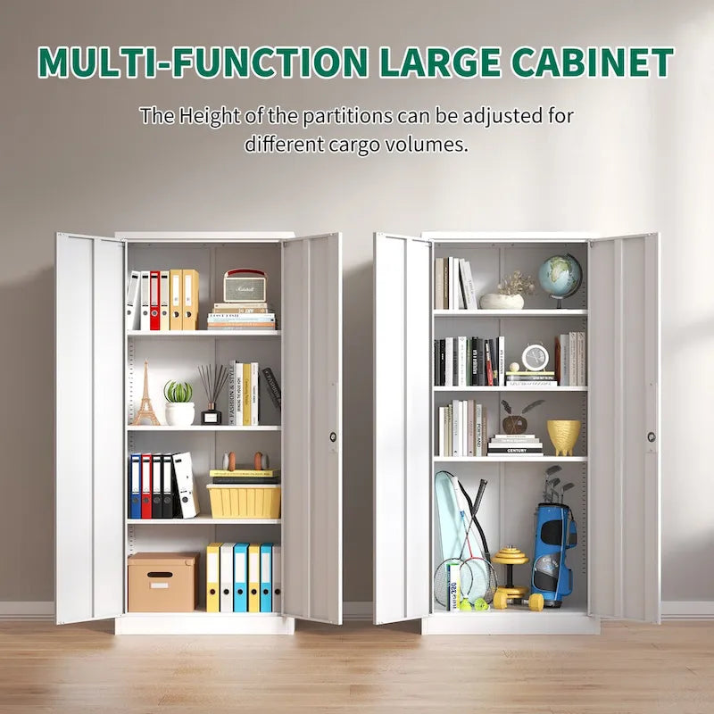 71H Metal Garage Storage Cabinet,White Tool Steel Locking Cabinet with Doors and 3 Adjustable Shelves