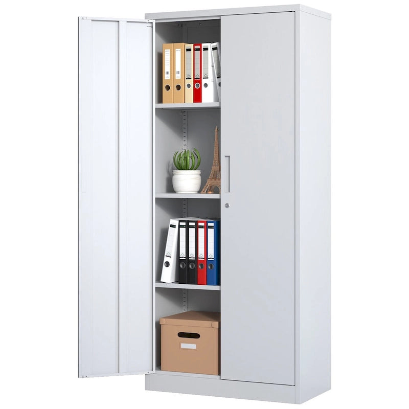 71H Metal Garage Storage Cabinet,White Tool Steel Locking Cabinet with Doors and 3 Adjustable Shelves