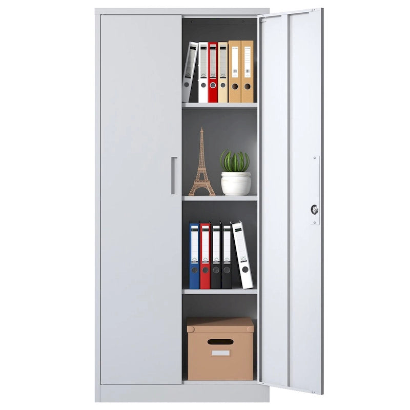 71H Metal Garage Storage Cabinet,White Tool Steel Locking Cabinet with Doors and 3 Adjustable Shelves