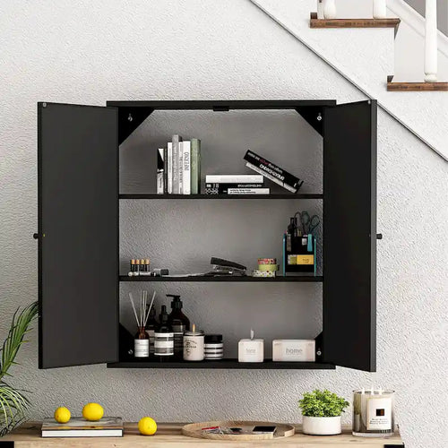 23.62 Vintage Two Door Wall Cabinet with Mirror,Three-level Entrance Storage Space for Living Room,Bathroom,Dining Room,Black