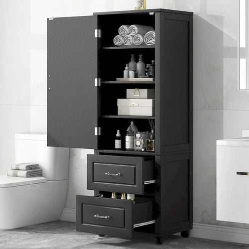 Meuble de rangement de salle de bain sur pied avec 2 tiroirs et étagères réglables