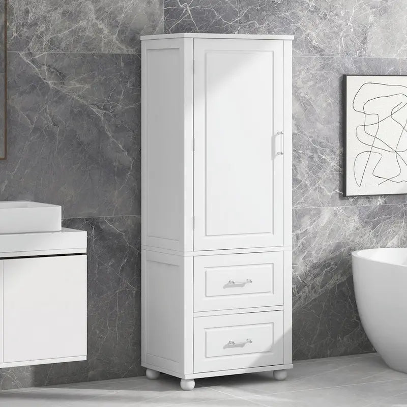 Tall Freestanding Bathroom Storage Cabinet with Two Drawers and Adjustable Shelf