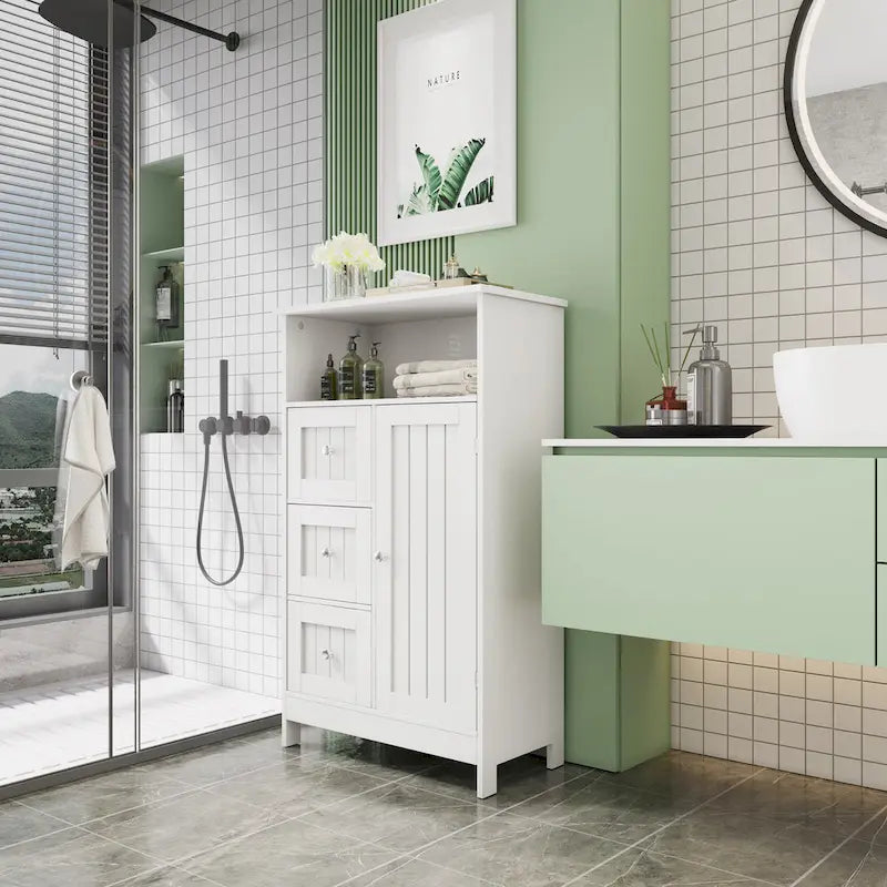 Bathroom storage cabinet with drawers and door