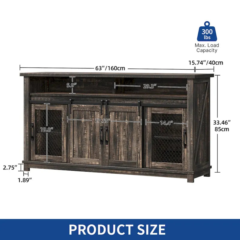 Moasis 63 W Farmhouse Sideboard Buffet Cabinet with 2 Sliding Barn Doors & 2 Visual Grid Doors