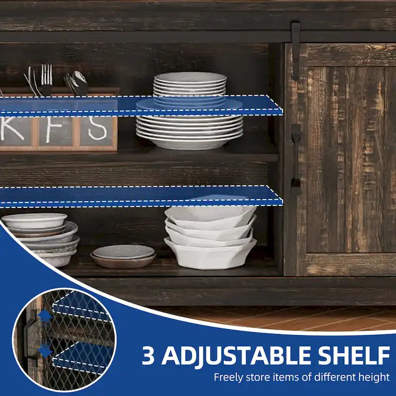 Moasis 63 W Farmhouse Sideboard Buffet Cabinet with 2 Sliding Barn Doors & 2 Visual Grid Doors